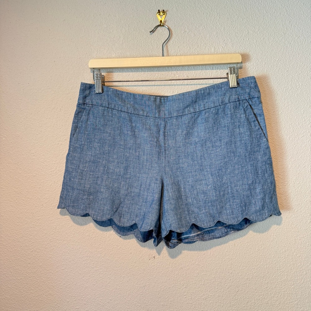 Loft The Riviera Short Blue Linen Blend Scalloped Hem Chambray Shorts Size 6